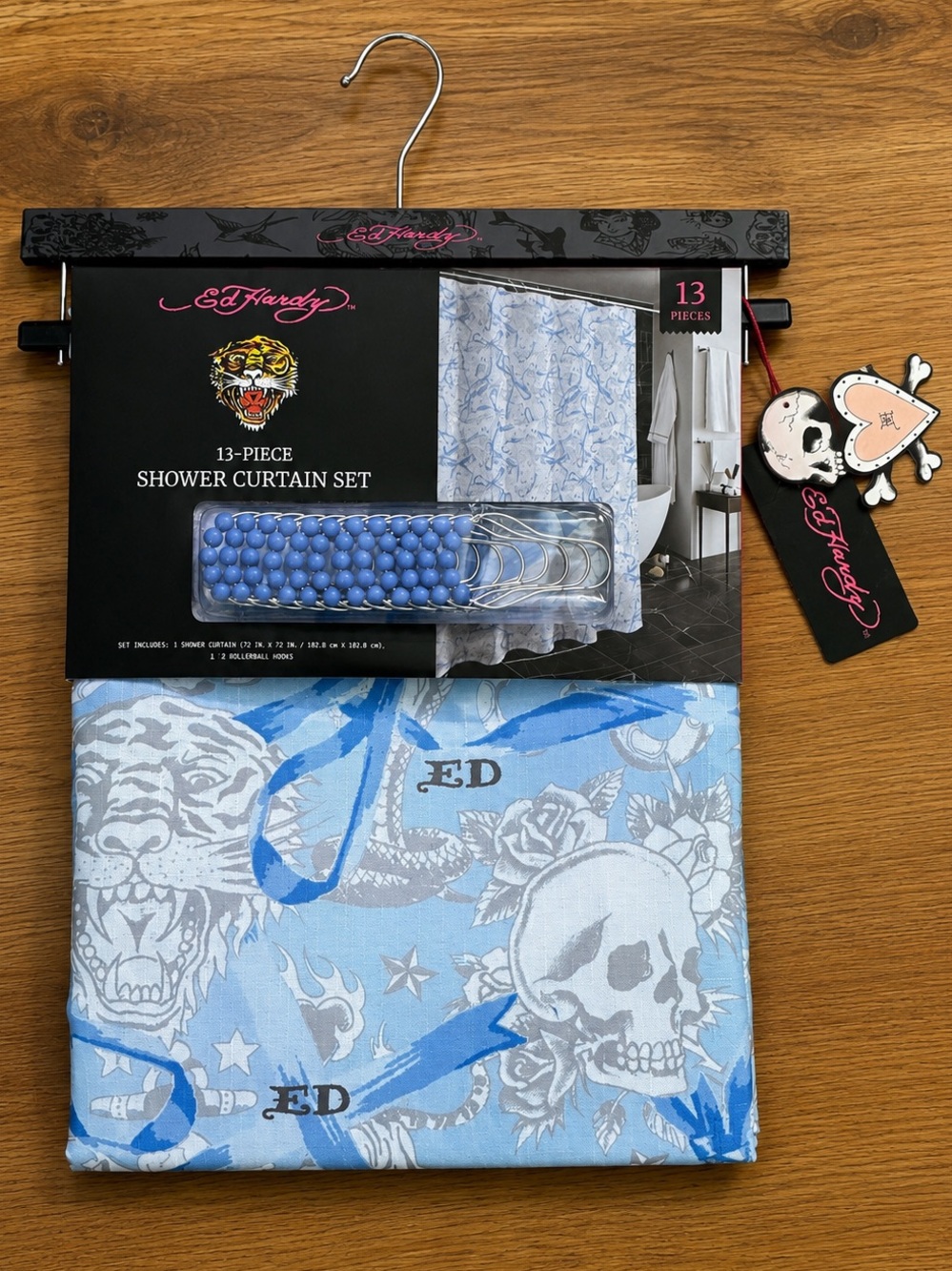Ed Hardy 13-Piece Tattoo Skull & Tiger Shower Curtain Set w/ Rollerball Hooks